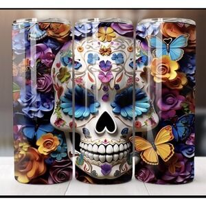 Sugar Skull Day Of The Dead Metal Tumbler 20oz Hot/Cold With Straw